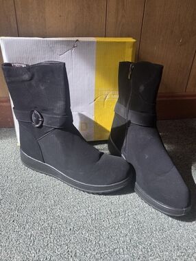 Women's Black Mid-Calf Zip Ankle Booties with Buckle Detail